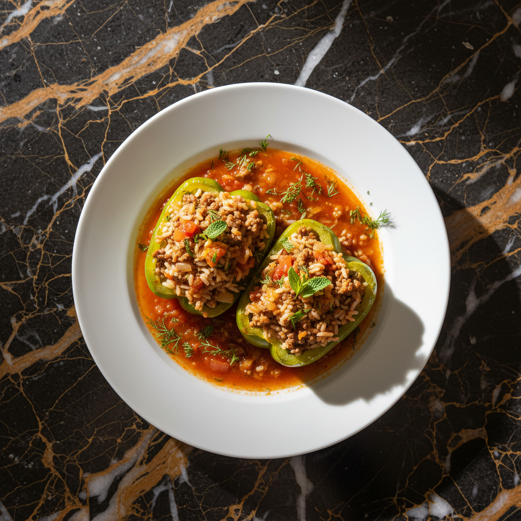 Albanian Stuffed Peppers with Rice and Lamb