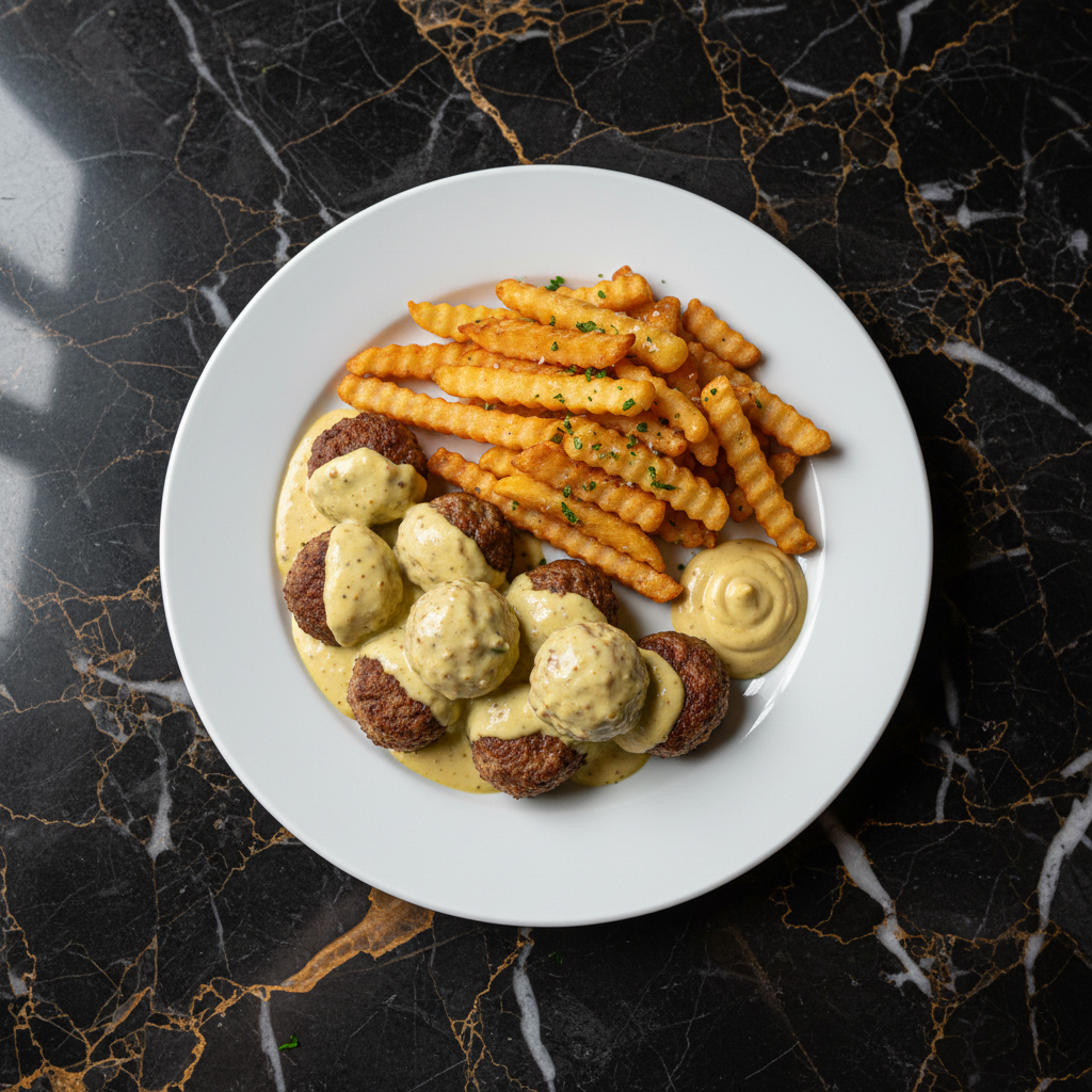 Balletjes in de Mosterdsaus met Frietjes