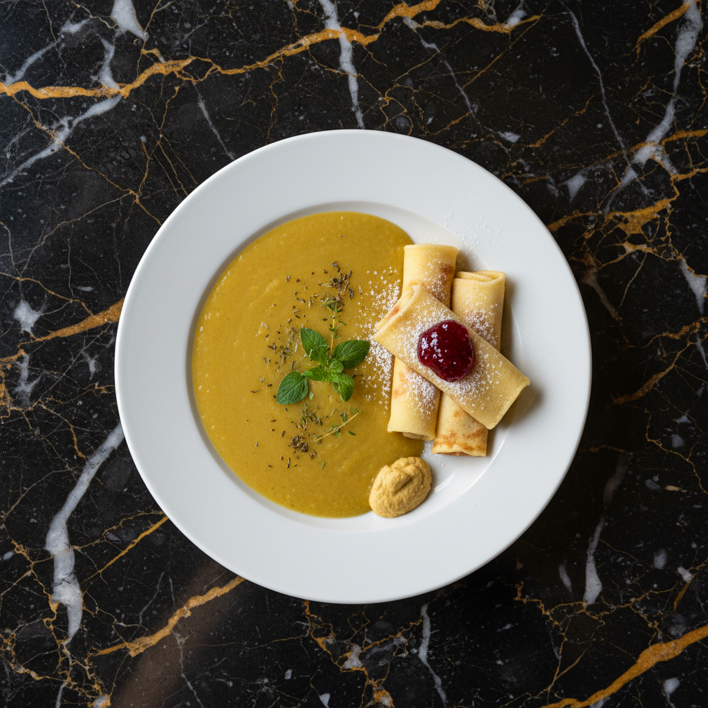 รrtsoppa med Pannkakor