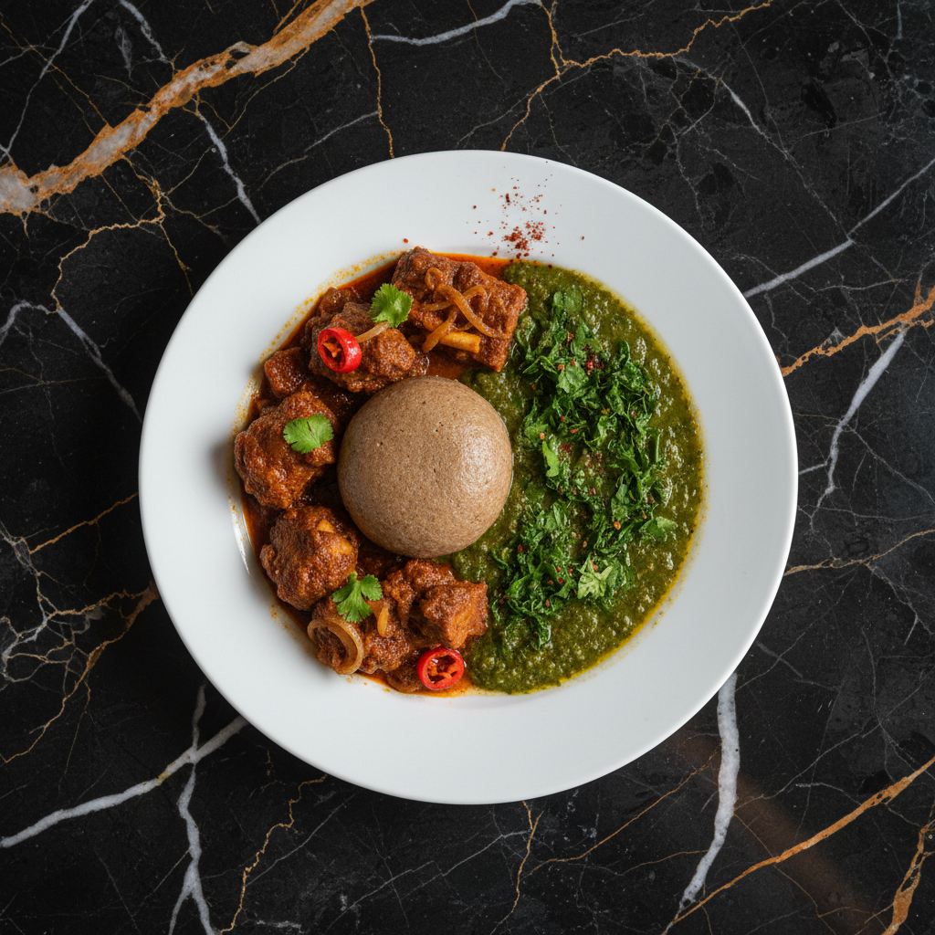 Tuo Zaafi with Ayoyo Soup and Goat Stew