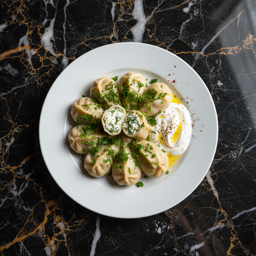 Turkmen Dough Dumplings with Herbs and Cheese