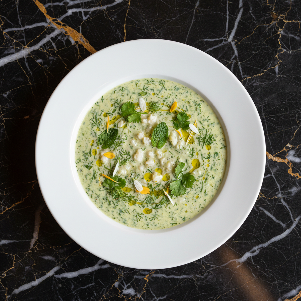 Turkmen Dovga Yogurt Soup with Herbs